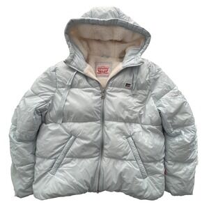 Levis Jacket Puffer Large Light Blue Hooded Faux Fur Lined Unisex Rare Logo